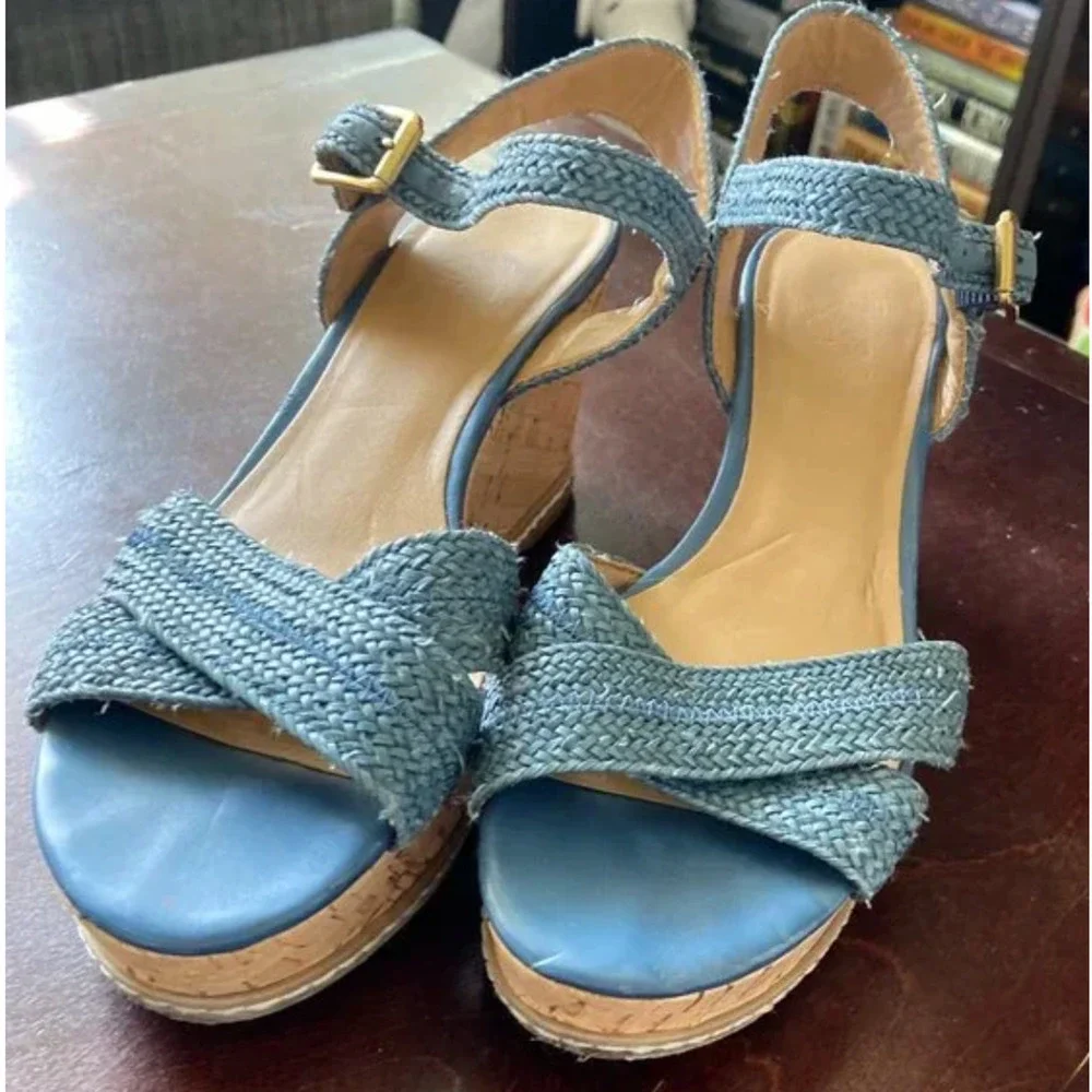 Franco Sarto Cara Espadrille Wedge Mary Jane Sandals Blue Woven 6.5M